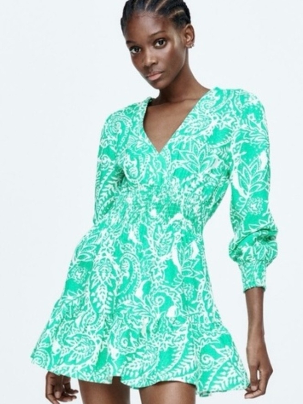 Zara Teal Paisley V-Neck Smocked Mini Dress